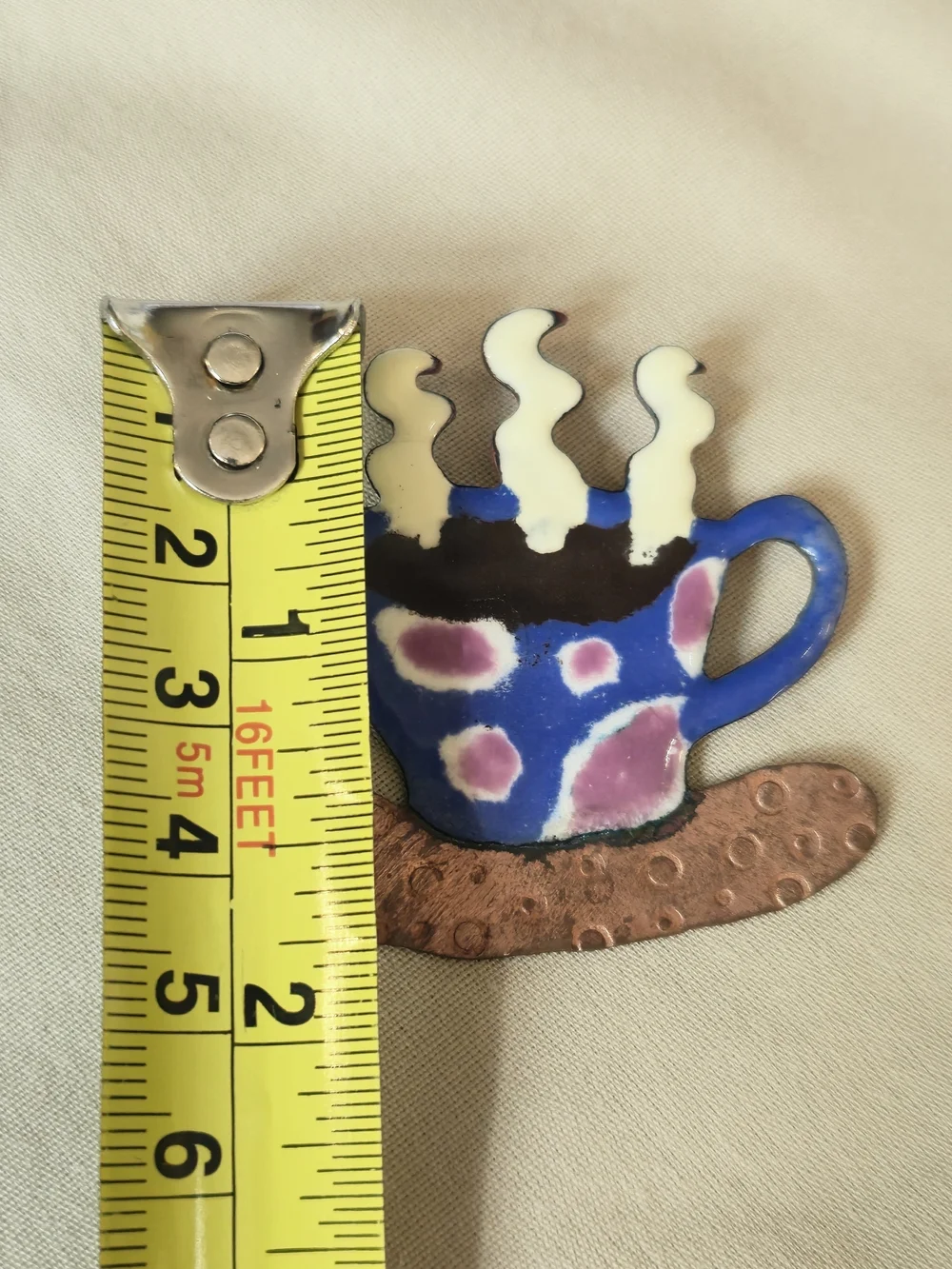 Handcrafted Blue and Purple Enamel Coffee Cup Brooch